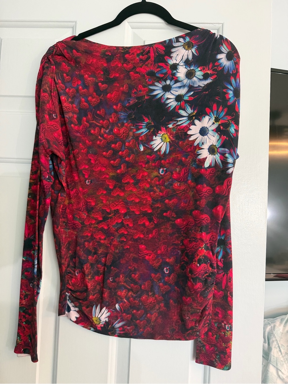 Desigual Red Floral Long Sleeve Top with White Daisy Accents